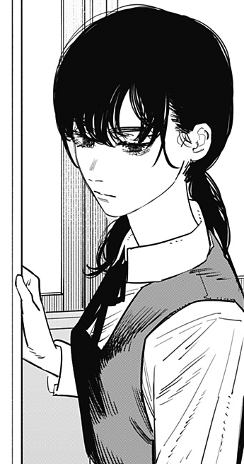 asa mitaka from the manga series chainsaw man. the image is an illustration in black and white, depicting a young high school girl. she has black hair which is tied up into two low twin tails. her school uniform consists of a long-sleeved button up shirt, which is worn beneath a pinafore style dress. her facial expression is solemn, almost displeased.