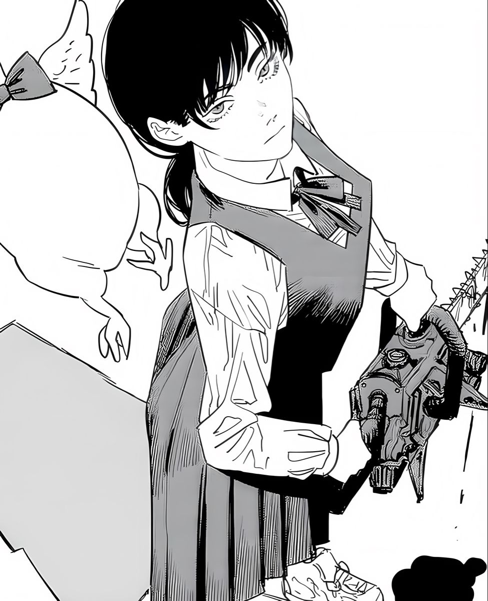asa mitaka from the manga series chainsaw man. the image is an illustration in black and white, depicting a young high school girl. she has black hair which is tied up into two low twin tails. her school uniform consists of a long-sleeved button up shirt, which is worn beneath a pinafore style dress. she is looking up at the viewer, and she is wielding a chainsaw. asa has a slight scowl on her face.