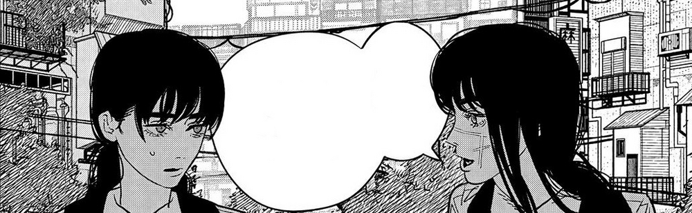 comic panel from the manga series chainsaw man. it is a black and white illustration depicting to girls. on the left is asa mitaka, who is wearing a slightly uncomfortable and unsure expression on her face. on the right is yoru, who is similar to asa in appearance, and she is saying something to asa. the speech bubble doesn't contain any text.